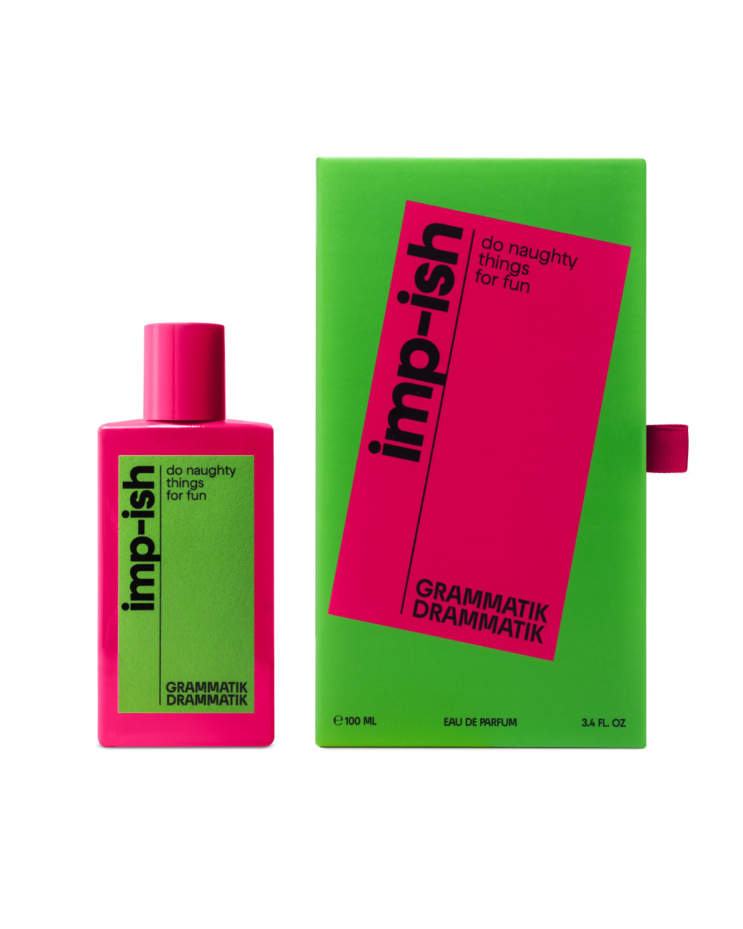 Imp-Ish eau de parfum bottle green and fuchsia with pack.