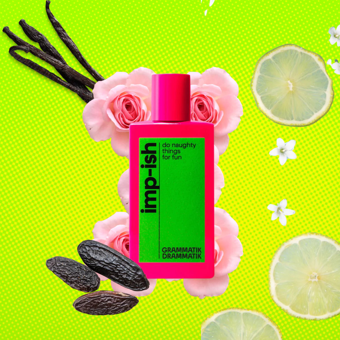 Imp-Ish eau de parfum bottle green and fuchsia. Editorial image with notes