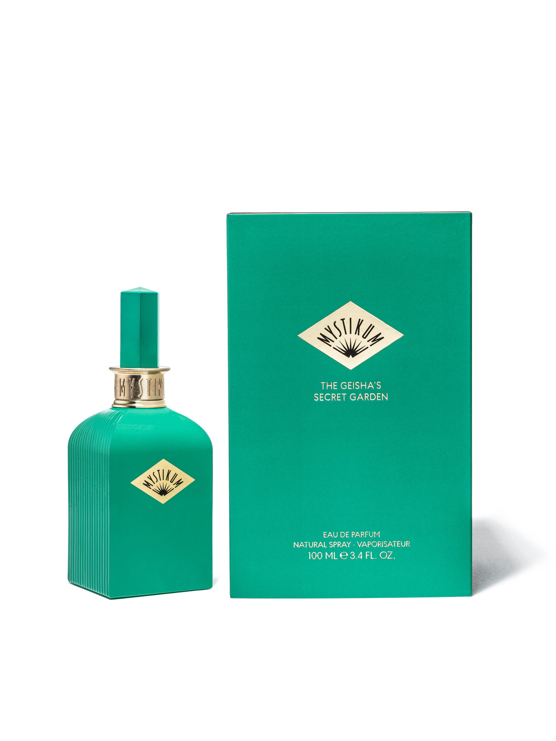 Flacone elegante profumo The Geisha Secret's Garden by Mystikum - fragranza floreale verde